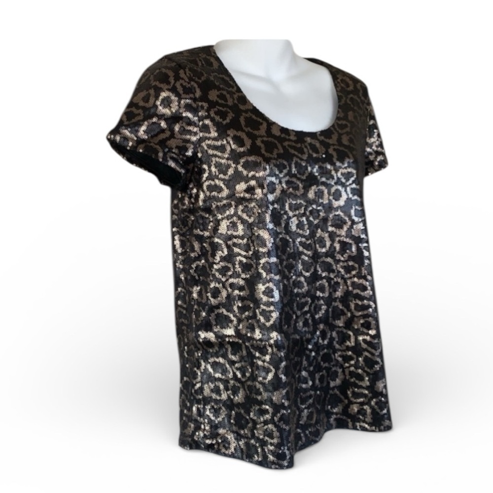 Romeo & Juliet Couture Sequin Tee, leopard, black & gold, lined. S EUC